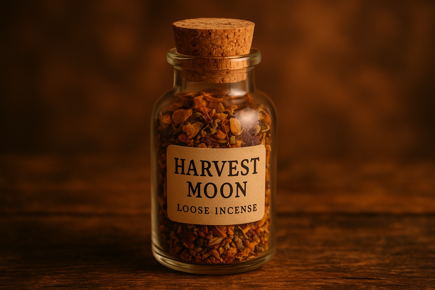 30 ml glass bottle with cork of harvest moon loose inscense