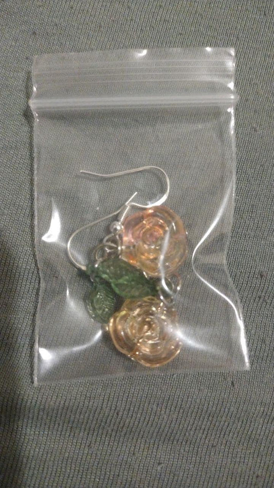 Enchanted Glass Rose Earrings • Gothic Floral Jewelry with Green Leaf Charms