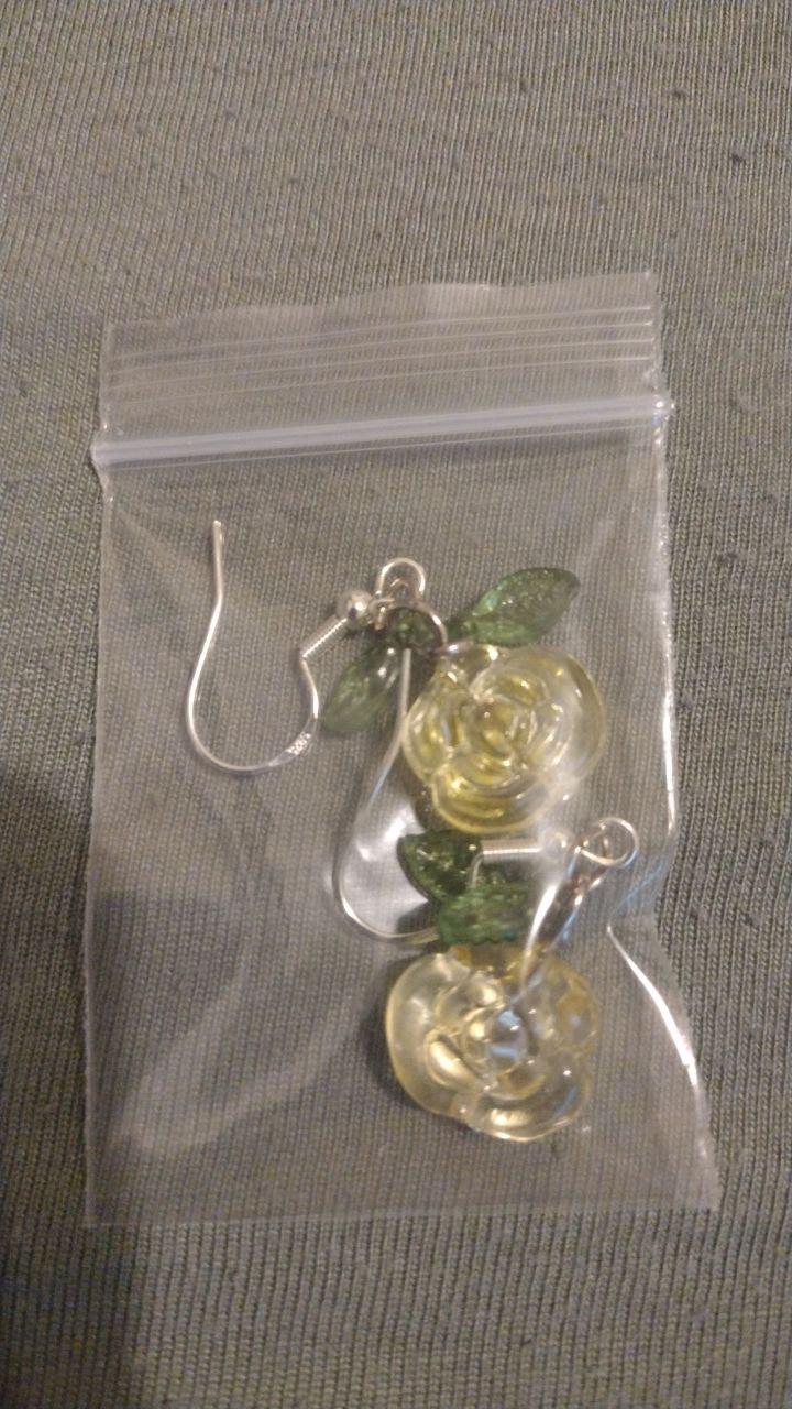 Enchanted Glass Rose Earrings • Gothic Floral Jewelry with Green Leaf Charms