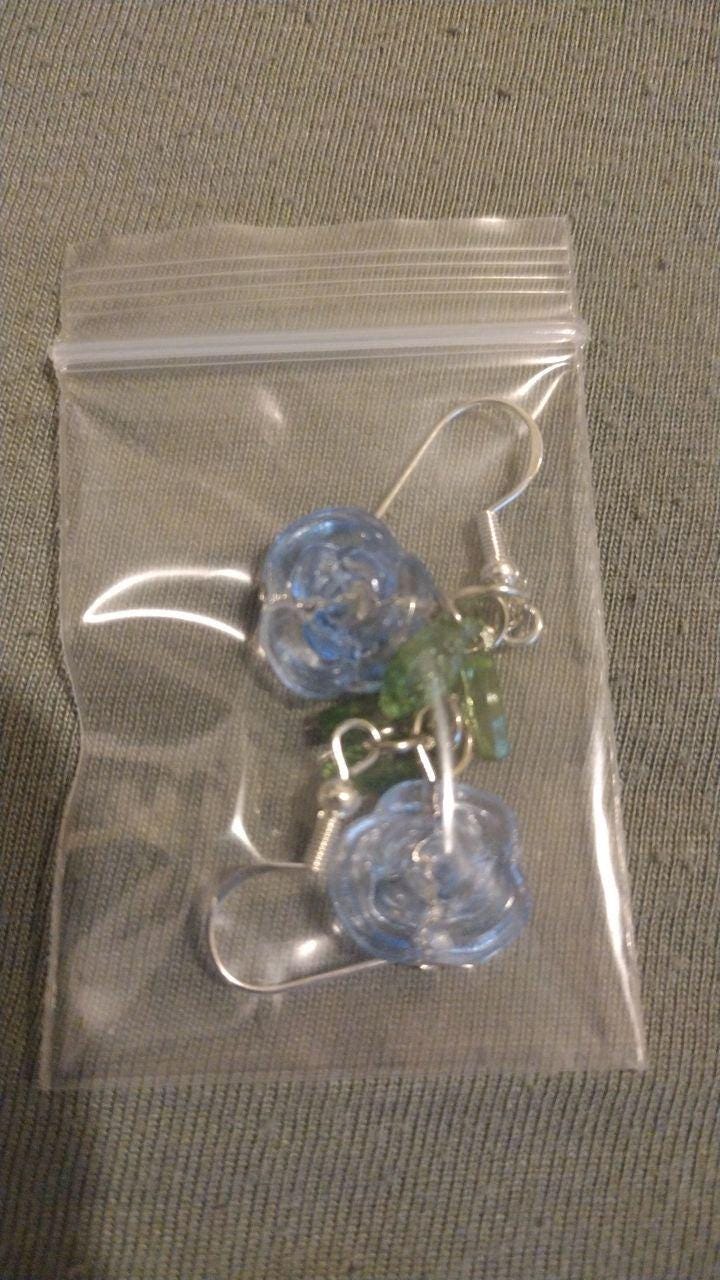 Enchanted Glass Rose Earrings • Gothic Floral Jewelry with Green Leaf Charms