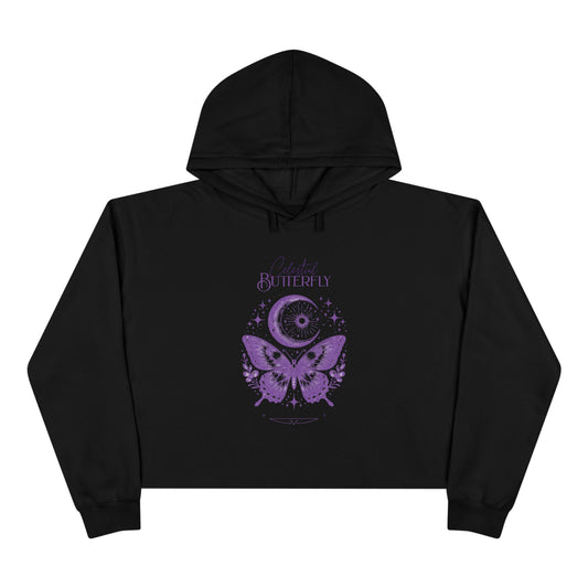 Mystic Moon & Butterfly Crop Hoodie — Spiritual Celestial Graphic Top