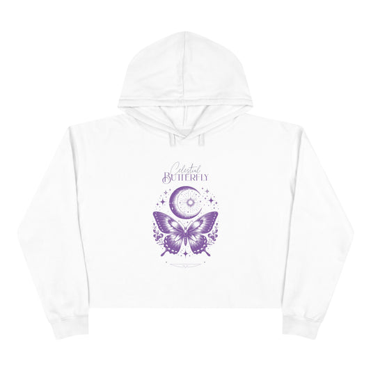 Mystic Moon & Butterfly Crop Hoodie — Spiritual Celestial Graphic Top