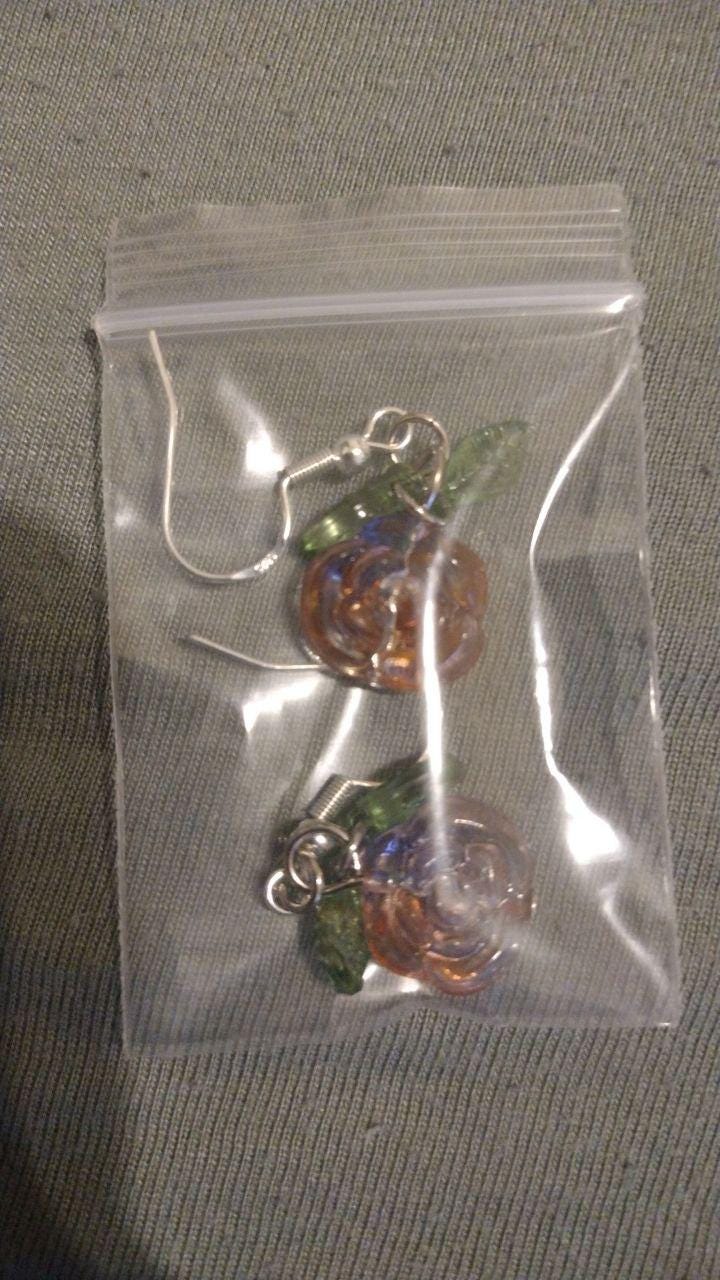 Enchanted Glass Rose Earrings • Gothic Floral Jewelry with Green Leaf Charms