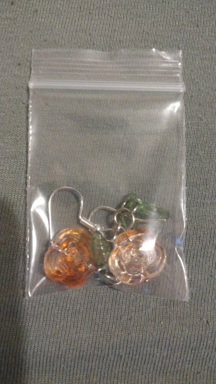 Enchanted Glass Rose Earrings • Gothic Floral Jewelry with Green Leaf Charms