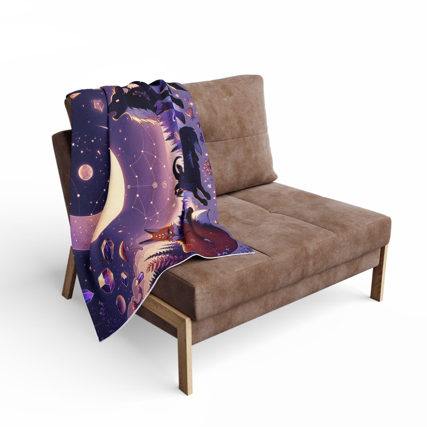 Cosmic Fox & Moon Fleece Blanket • Cozy Celestial Throw for Stargazers