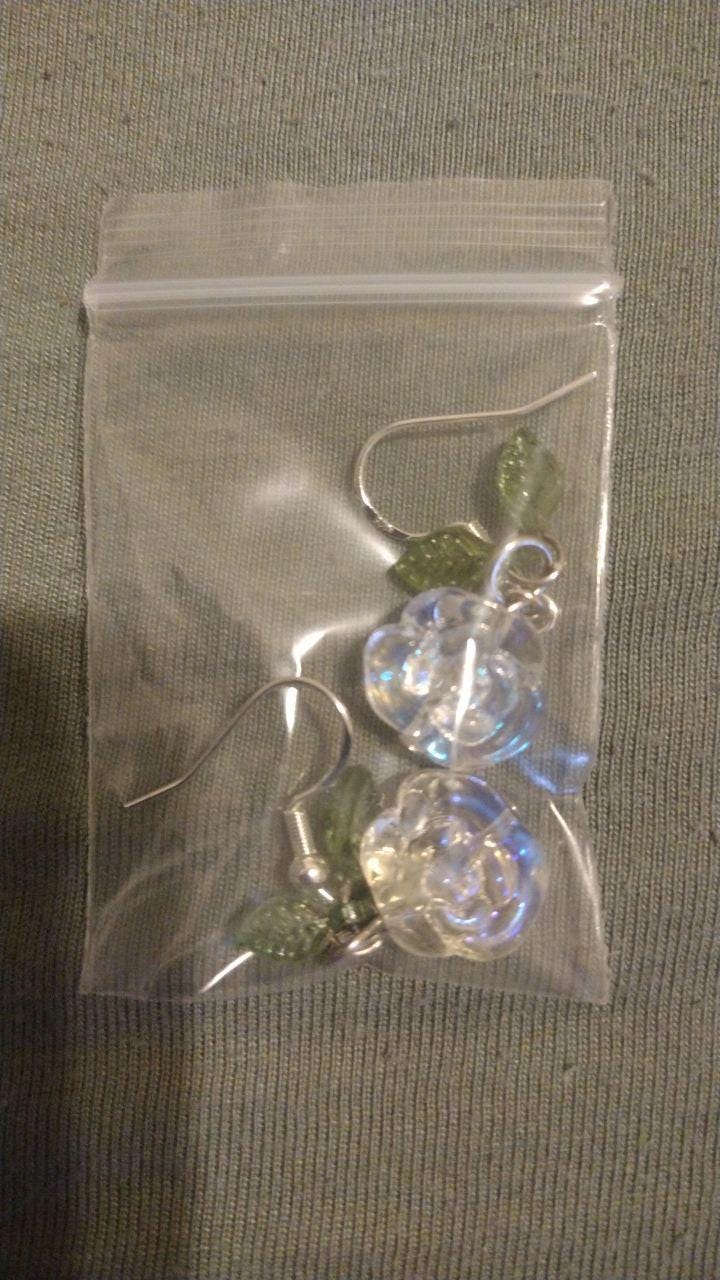Enchanted Glass Rose Earrings • Gothic Floral Jewelry with Green Leaf Charms