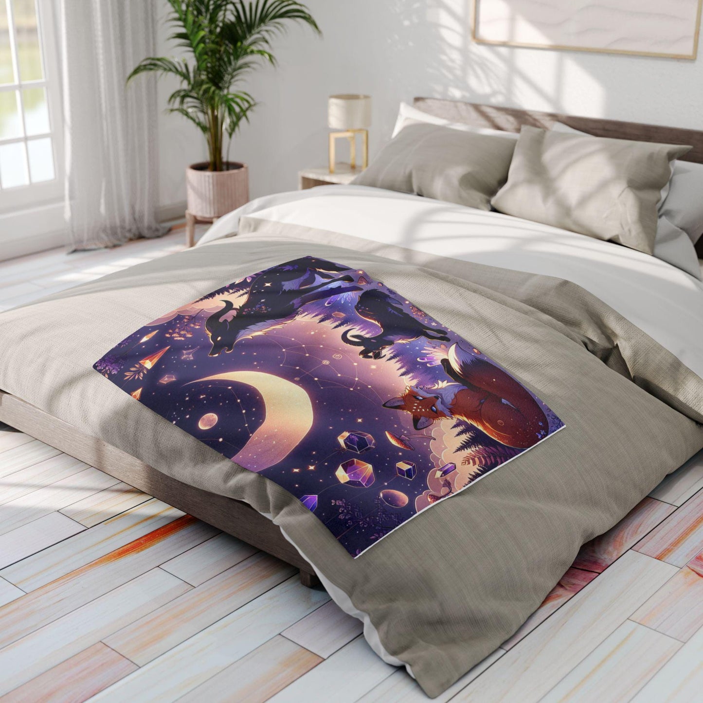 Cosmic Fox & Moon Fleece Blanket • Cozy Celestial Throw for Stargazers
