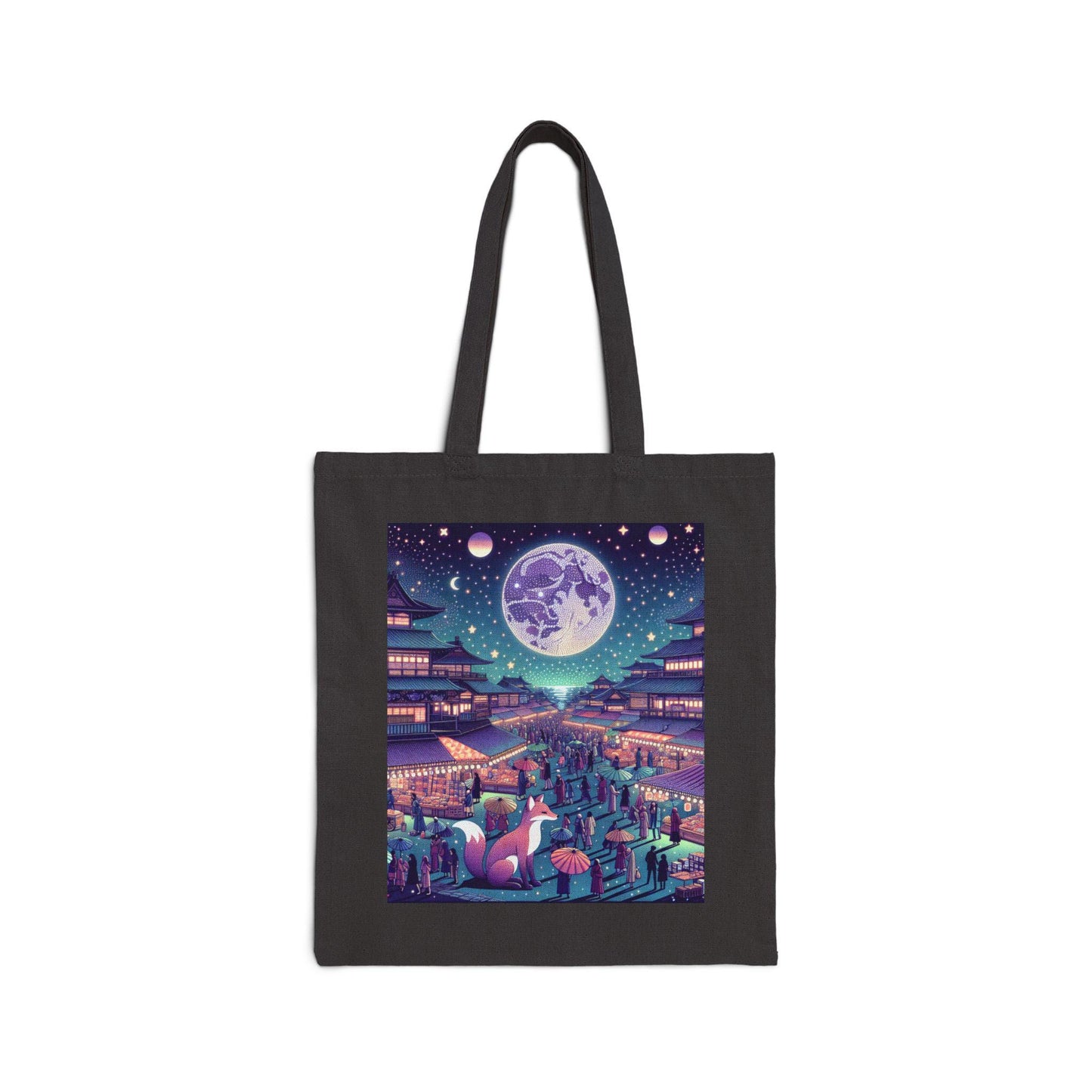 Black tote bag with a colorful night scene design featuring a moon and buildings.