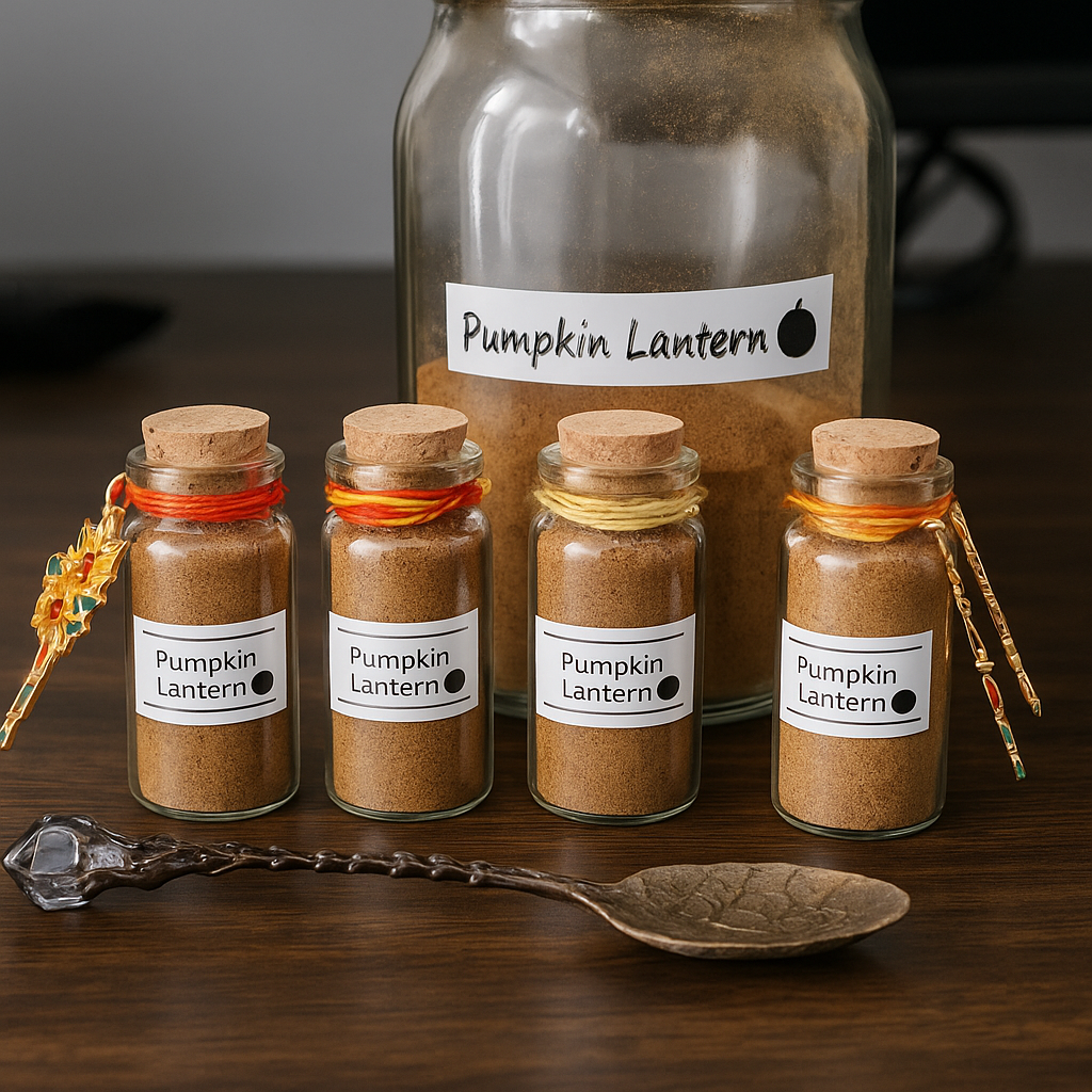 Jars of pumpkin lantern spice with a large jar labeled 'Pumpkin Lantern' on a wooden surface.