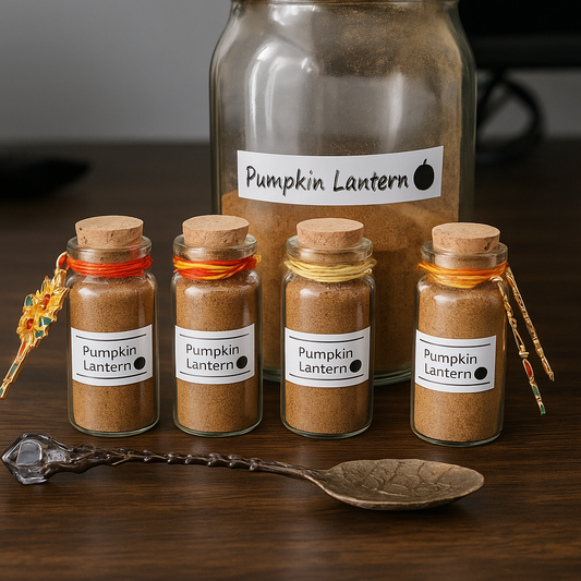 Jars of pumpkin lantern spice with a large jar labeled 'Pumpkin Lantern' on a wooden surface.