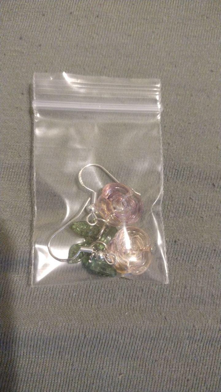 Enchanted Glass Rose Earrings • Gothic Floral Jewelry with Green Leaf Charms
