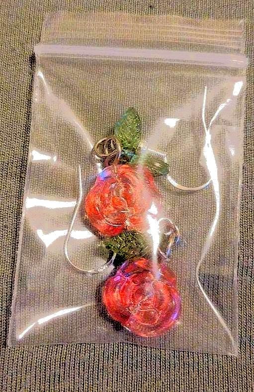 Enchanted Glass Rose Earrings • Gothic Floral Jewelry with Green Leaf Charms