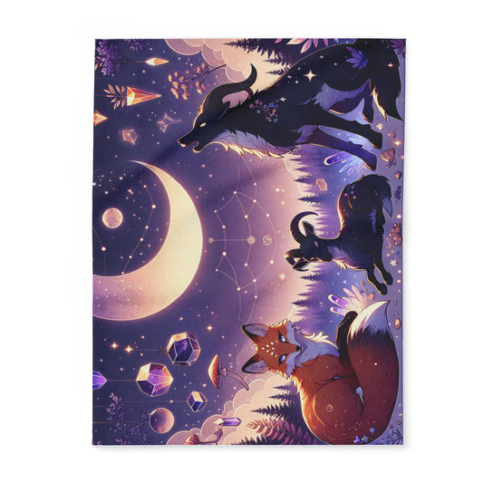Cosmic Fox & Moon Fleece Blanket • Cozy Celestial Throw for Stargazers