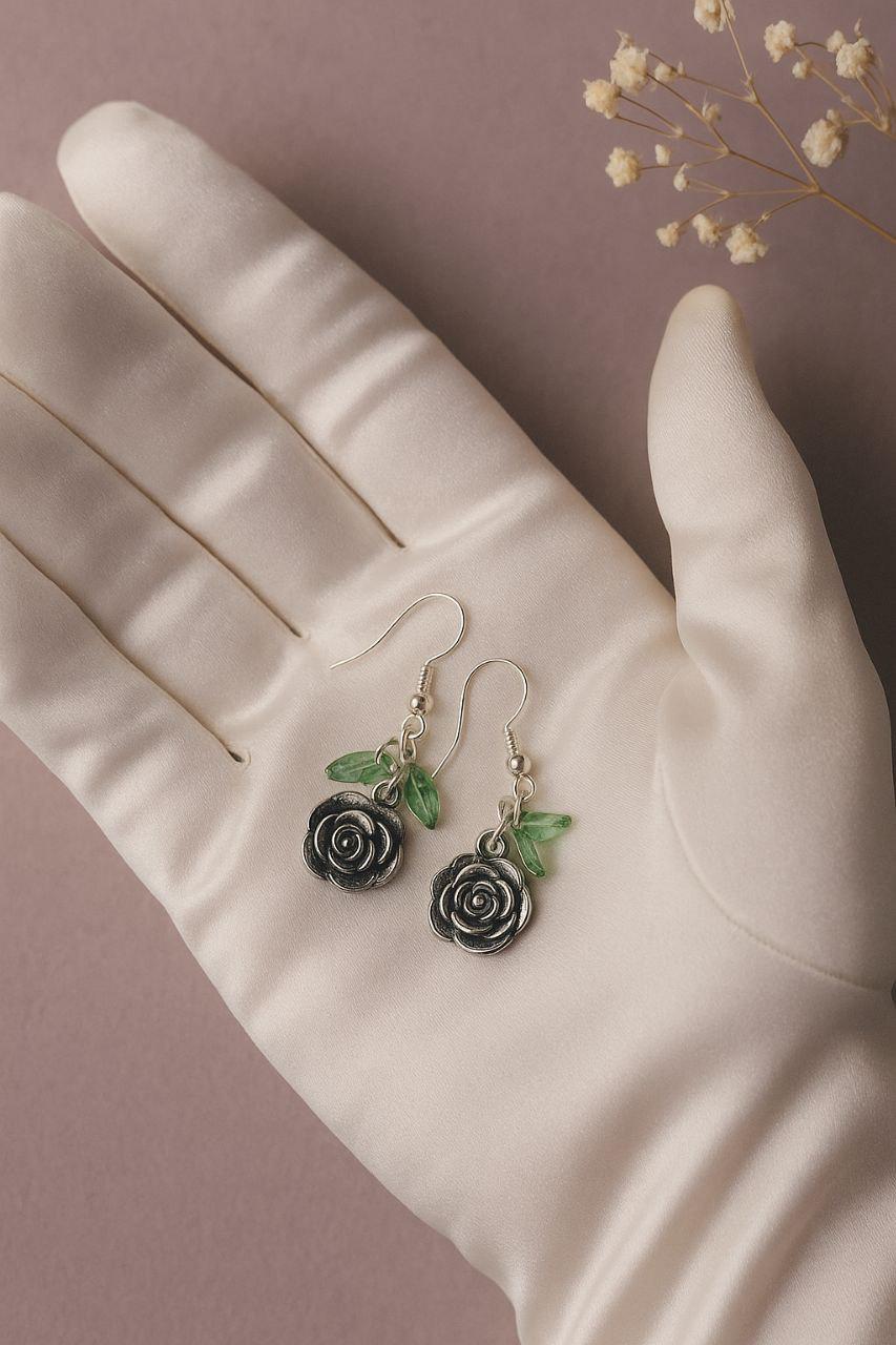 Enchanted Glass Rose Earrings • Gothic Floral Jewelry with Green Leaf Charms