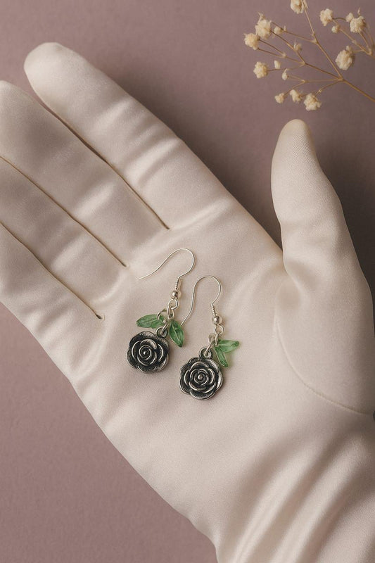 Enchanted Glass Rose Earrings • Gothic Floral Jewelry with Green Leaf Charms