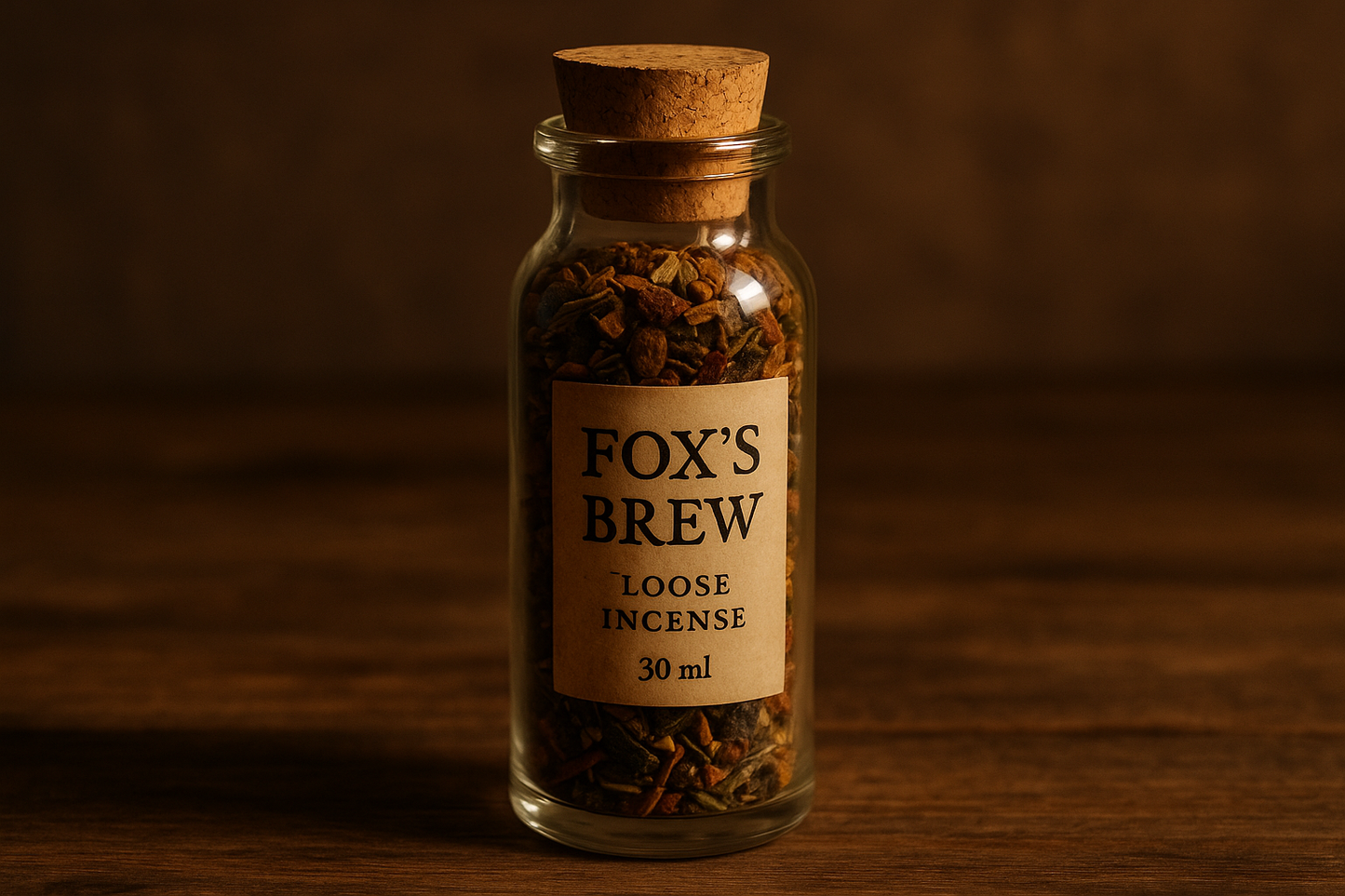 tall 30ml glass bottle with cork stopper filled with the Fox's brew loose inscense
